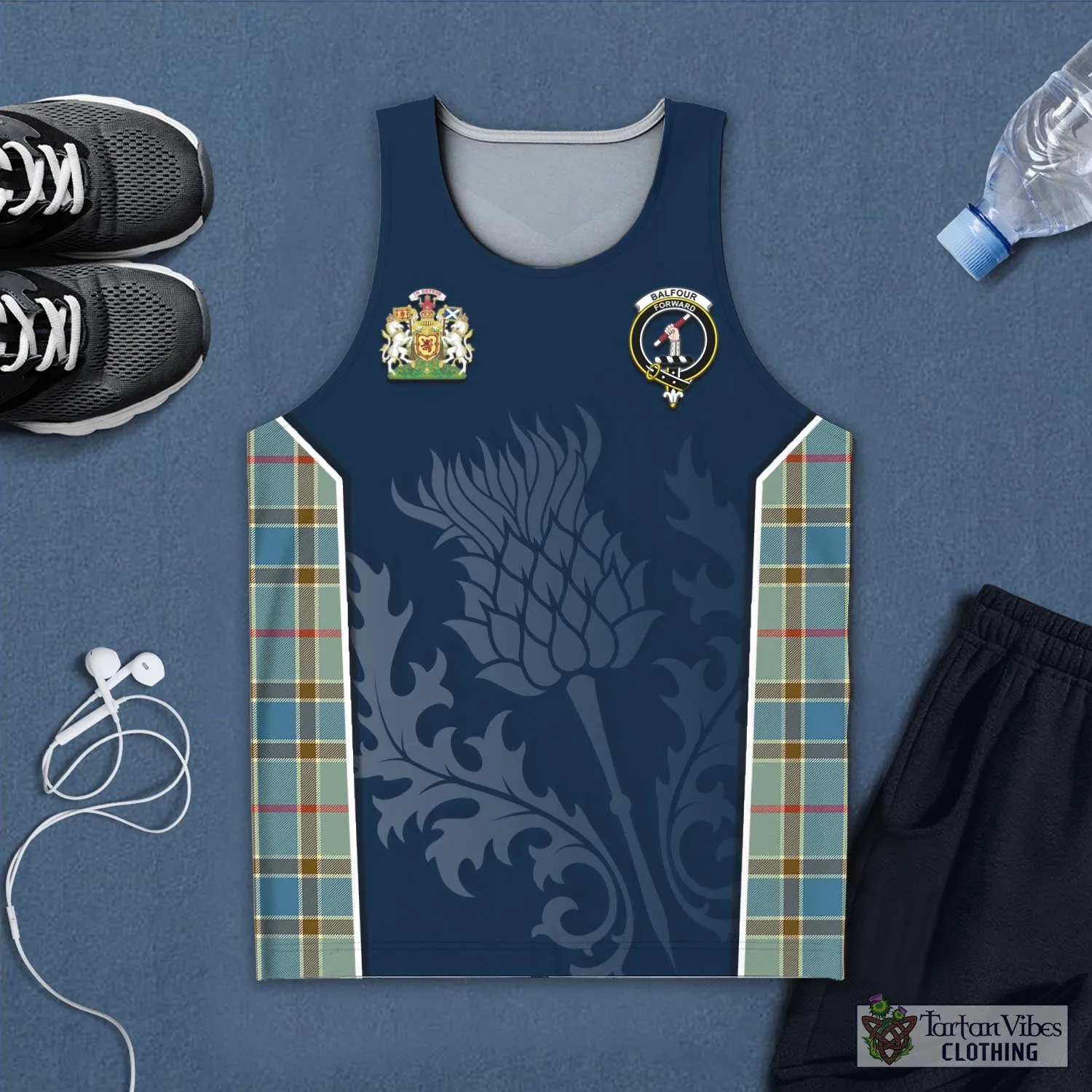 Balfour Blue Tartan Men's Tanks Top with Family Crest and Scottish Thistle Vibes Sport Style