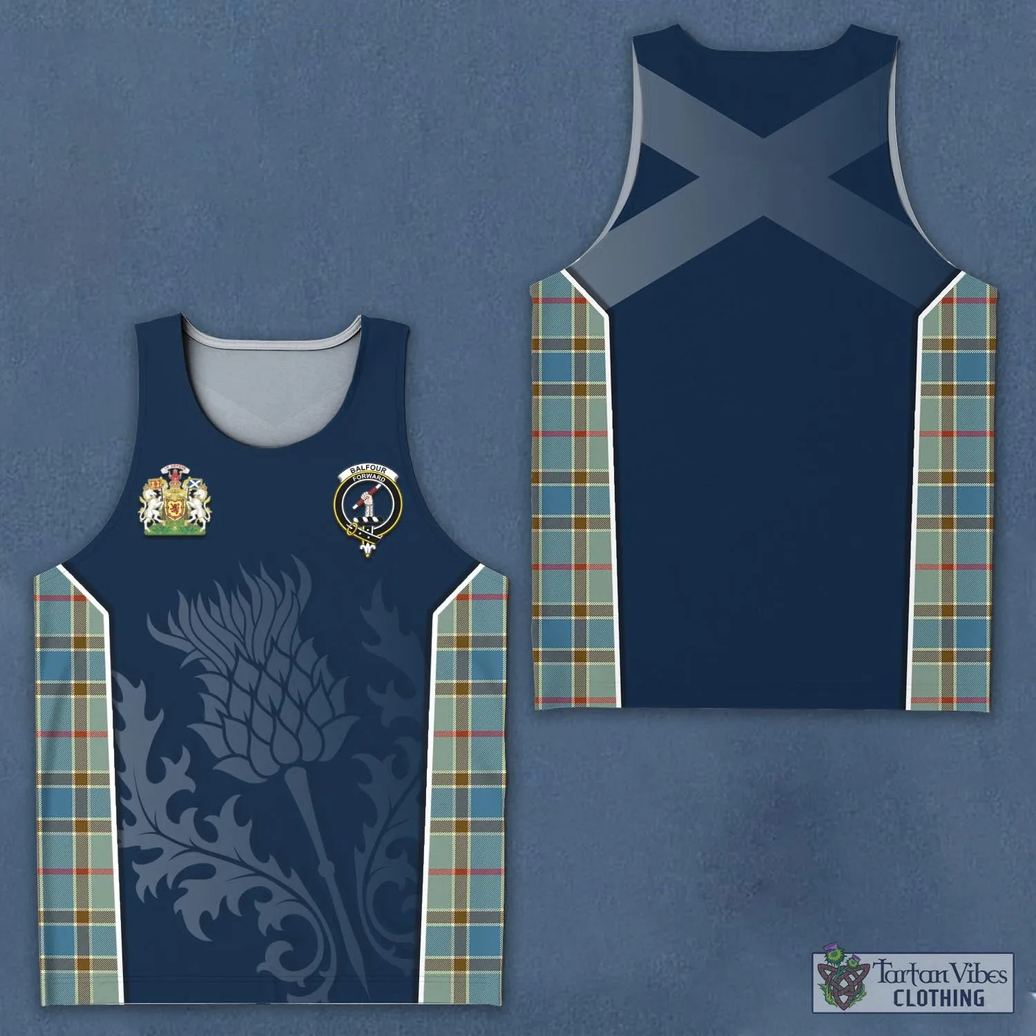 Balfour Blue Tartan Men's Tanks Top with Family Crest and Scottish Thistle Vibes Sport Style