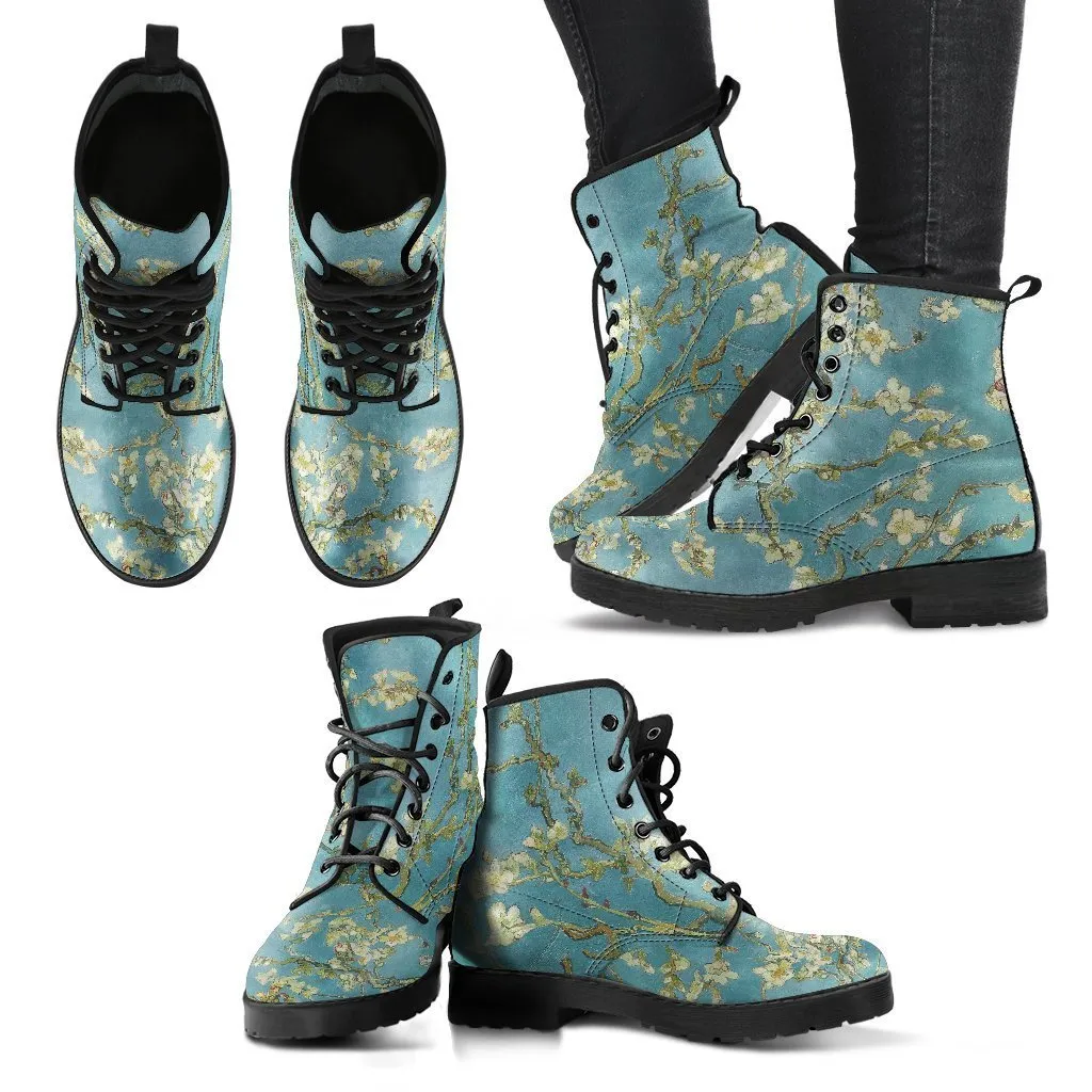 Combat Boots - Vintage Art | Vincent van Gogh: Almond Blossom | Custom Shoes, Vegan Leather Boots, 90s Boots, 2000s Boots