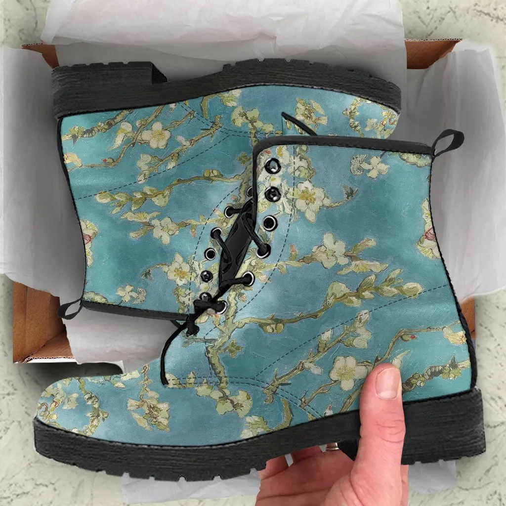 Combat Boots - Vintage Art | Vincent van Gogh: Almond Blossom | Custom Shoes, Vegan Leather Boots, 90s Boots, 2000s Boots