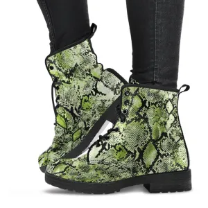 Fashion Combat Boots - Vintage Look Distressed Snake Skin Print #105 | Vegan Leather Snake Boots, Unisex Boots, Women's Boots, Boots Men