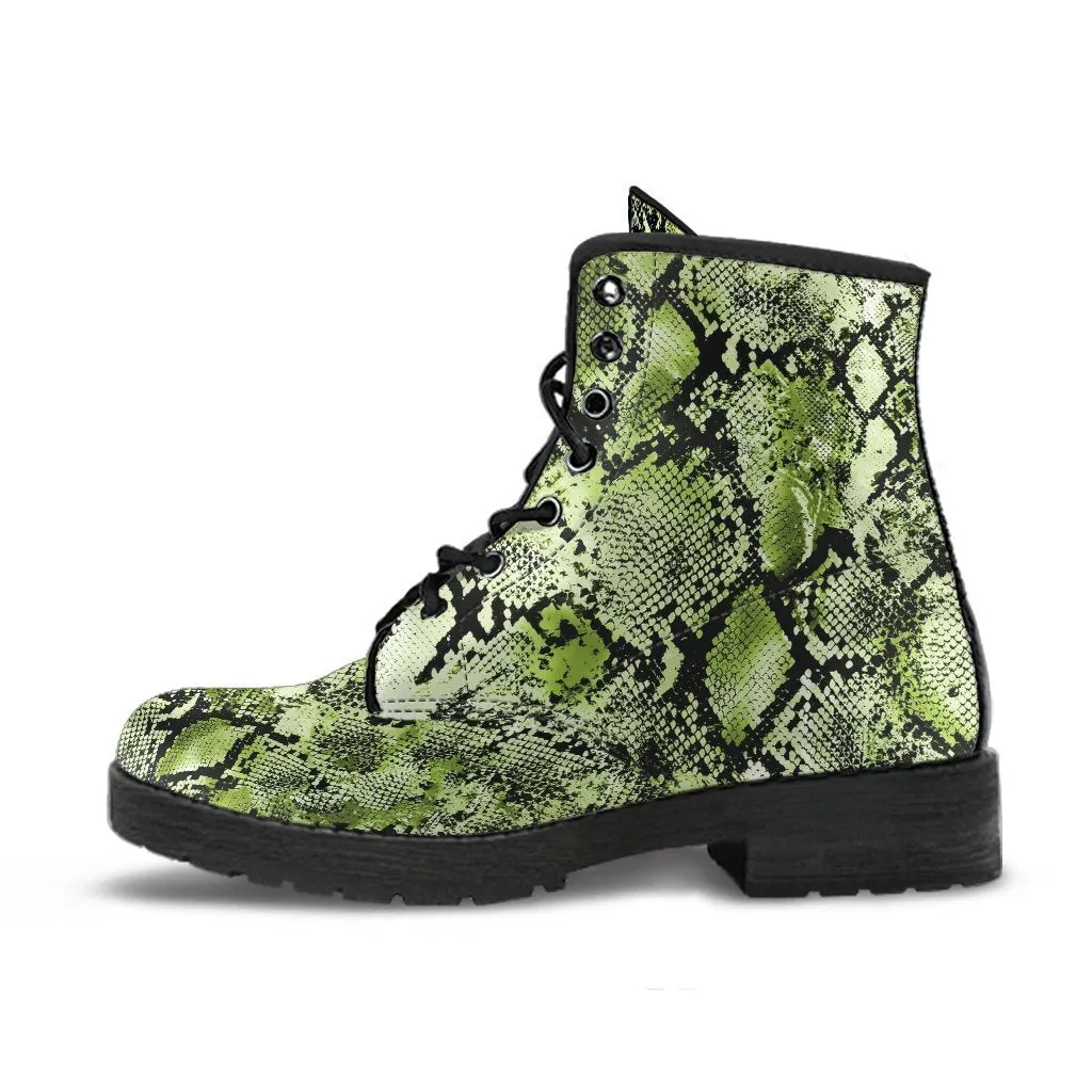 Fashion Combat Boots - Vintage Look Distressed Snake Skin Print #105 | Vegan Leather Snake Boots, Unisex Boots, Women's Boots, Boots Men