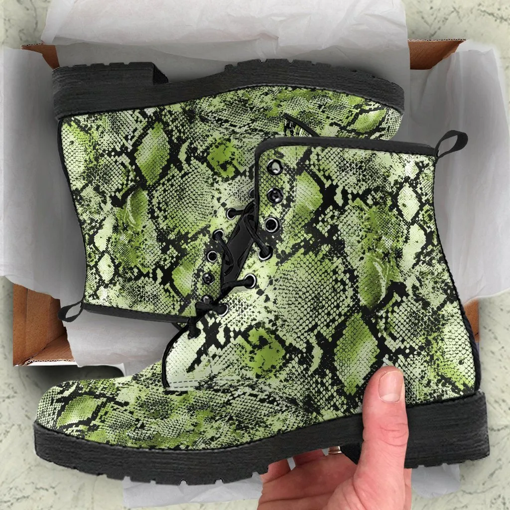 Fashion Combat Boots - Vintage Look Distressed Snake Skin Print #105 | Vegan Leather Snake Boots, Unisex Boots, Women's Boots, Boots Men