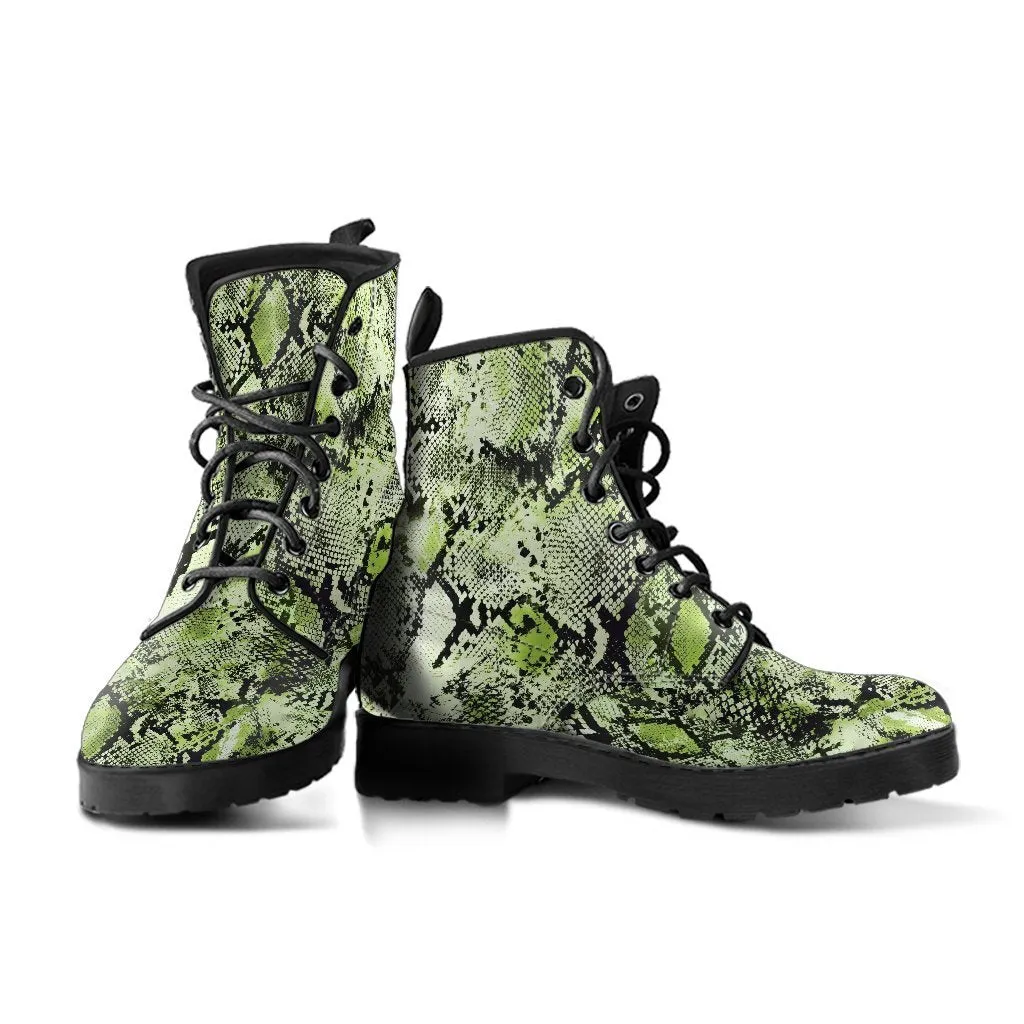 Fashion Combat Boots - Vintage Look Distressed Snake Skin Print #105 | Vegan Leather Snake Boots, Unisex Boots, Women's Boots, Boots Men