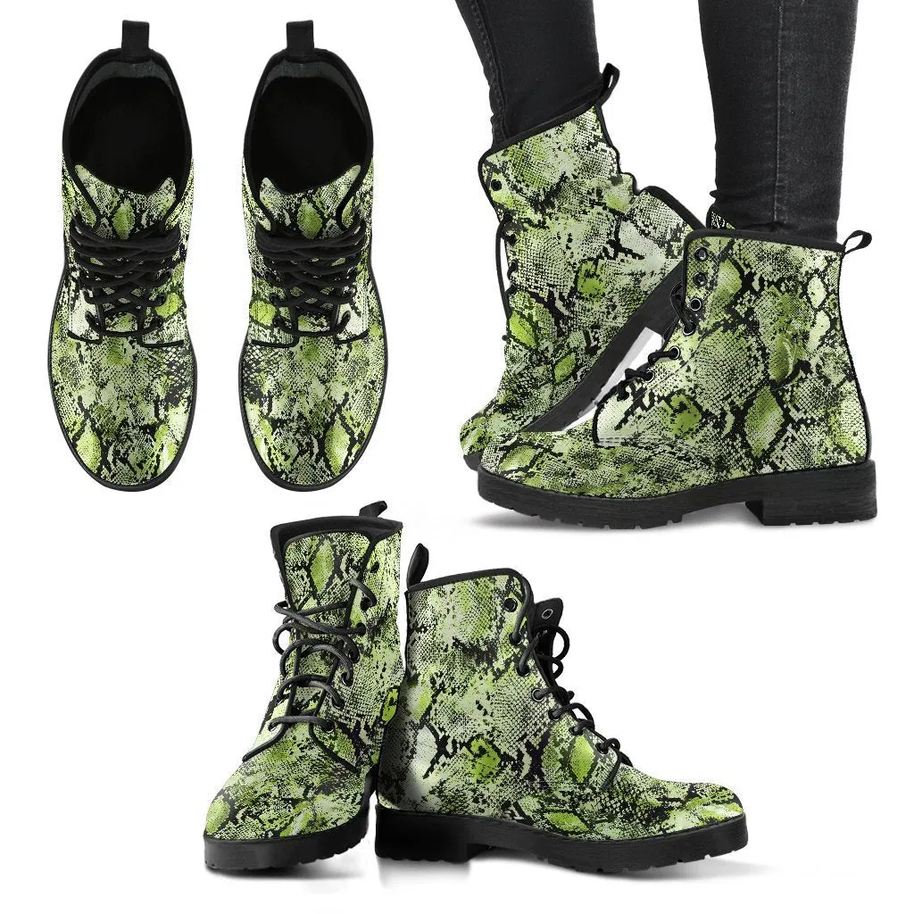 Fashion Combat Boots - Vintage Look Distressed Snake Skin Print #105 | Vegan Leather Snake Boots, Unisex Boots, Women's Boots, Boots Men