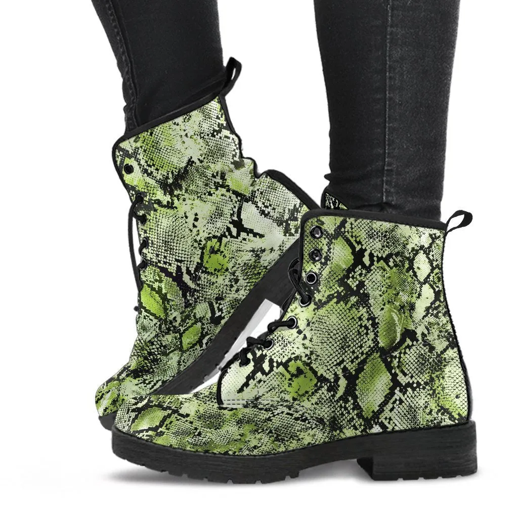 Fashion Combat Boots - Vintage Look Distressed Snake Skin Print #105 | Vegan Leather Snake Boots, Unisex Boots, Women's Boots, Boots Men