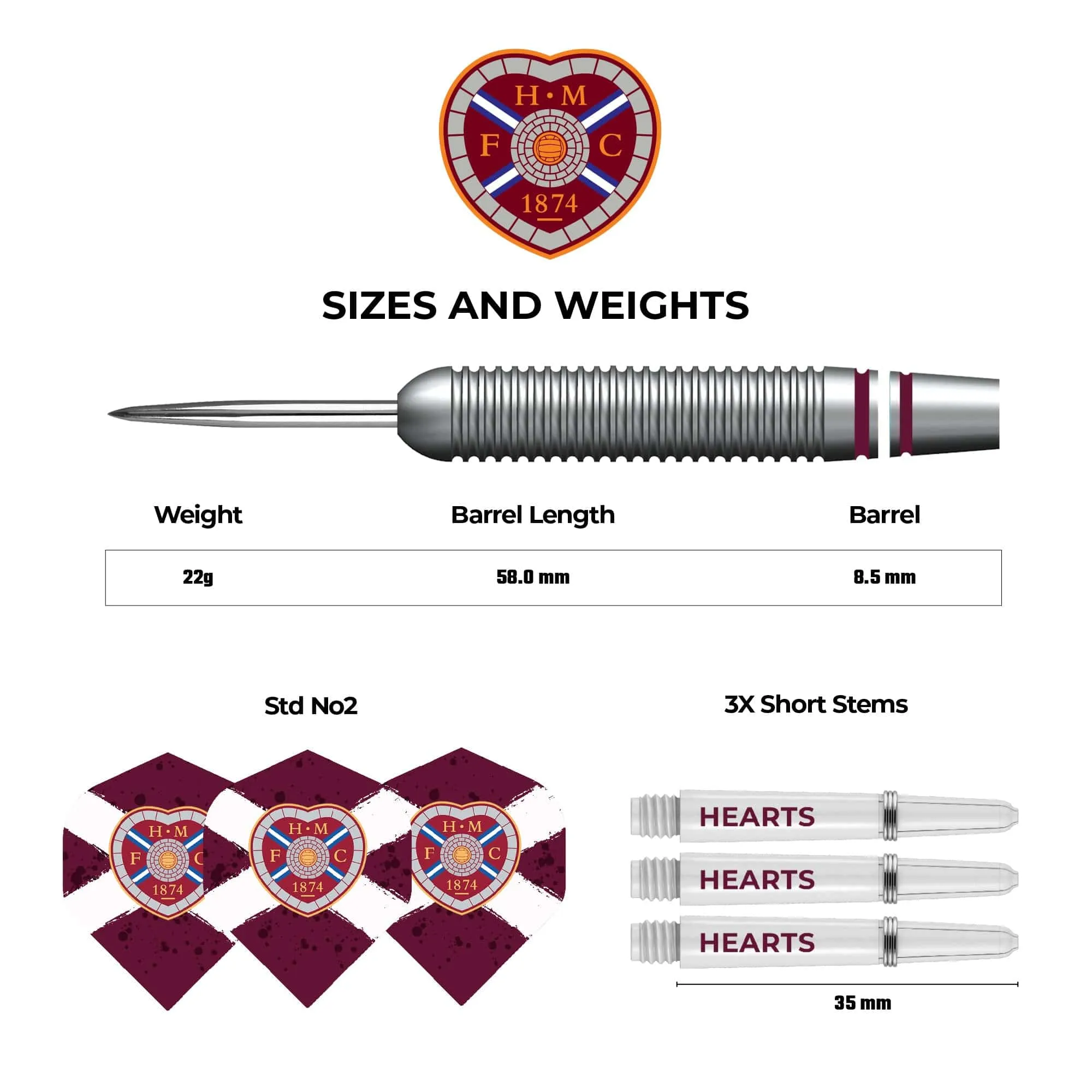 Heart of Midlothian FC - Official Licensed - Hearts - Steel Tip Darts - Brass - 22g