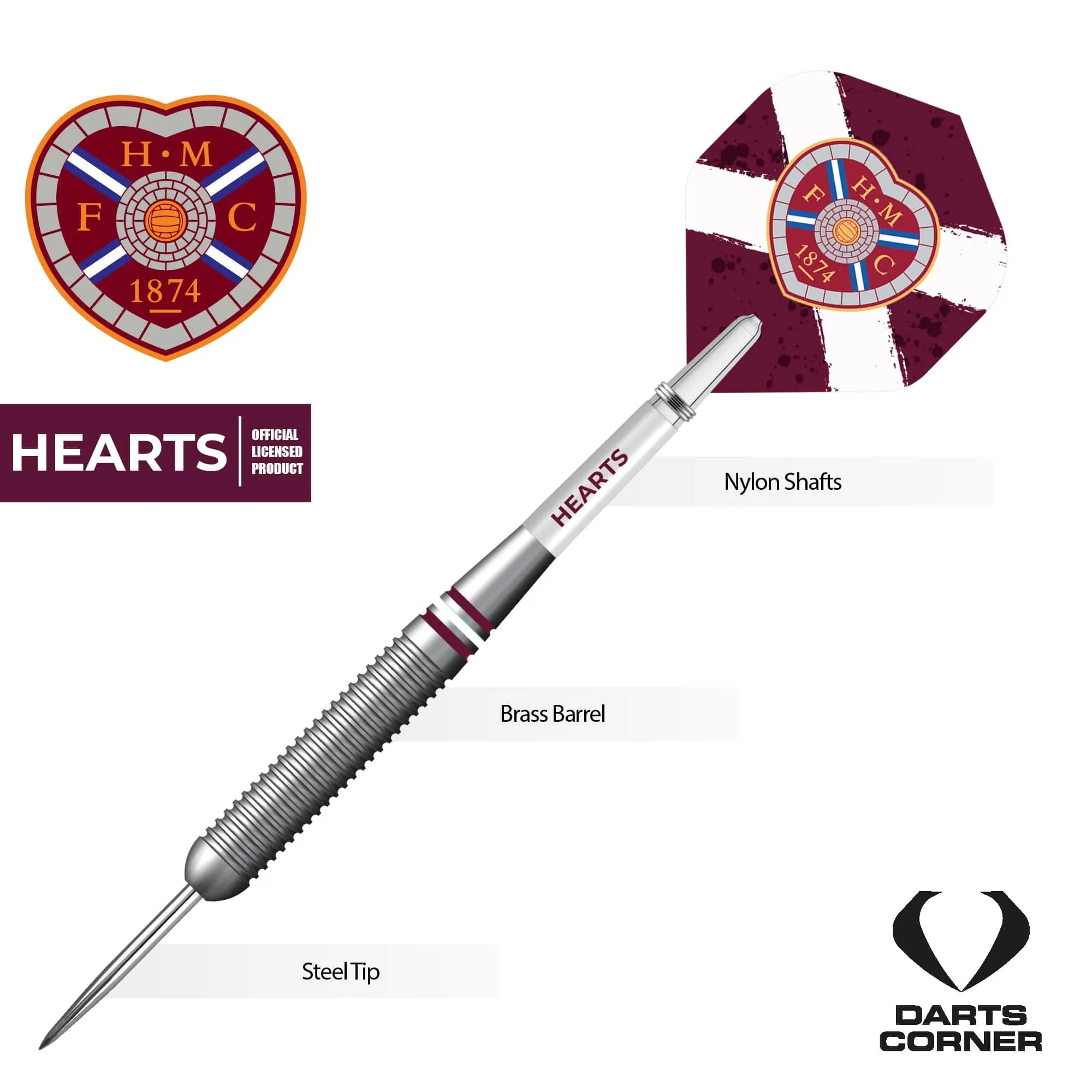 Heart of Midlothian FC - Official Licensed - Hearts - Steel Tip Darts - Brass - 22g