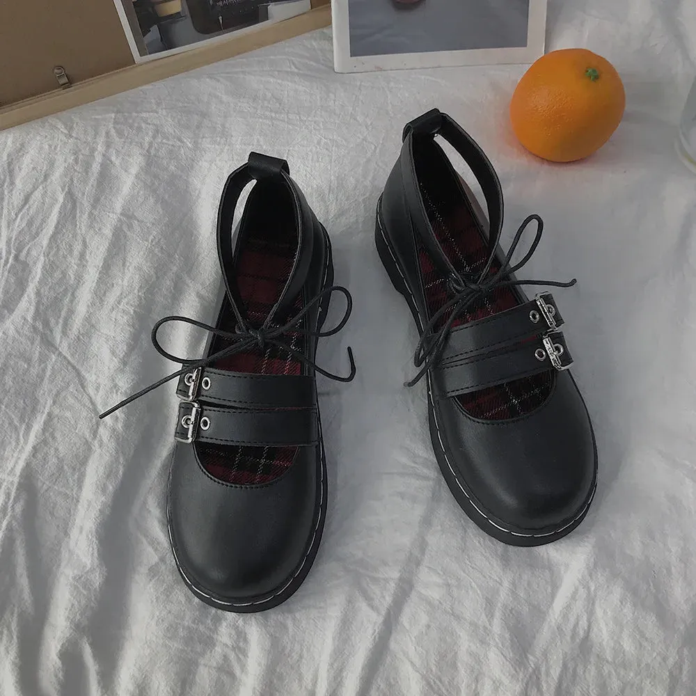 Hnzxzm Japanese Lolita Black Shoes Women New Mary Jane Jk Uniform Shoes Fashion Low Heel Kawaii Double Buckle Lacing Anime Shoes