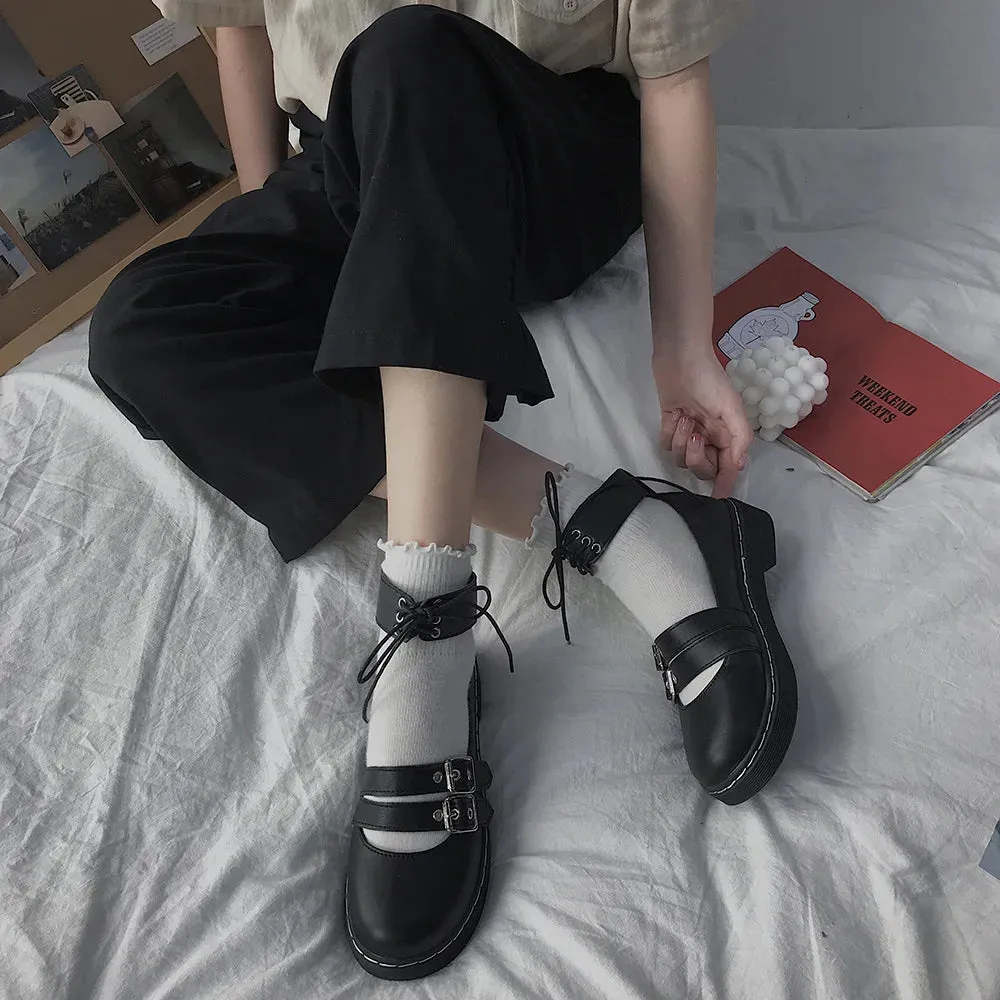 Hnzxzm Japanese Lolita Black Shoes Women New Mary Jane Jk Uniform Shoes Fashion Low Heel Kawaii Double Buckle Lacing Anime Shoes