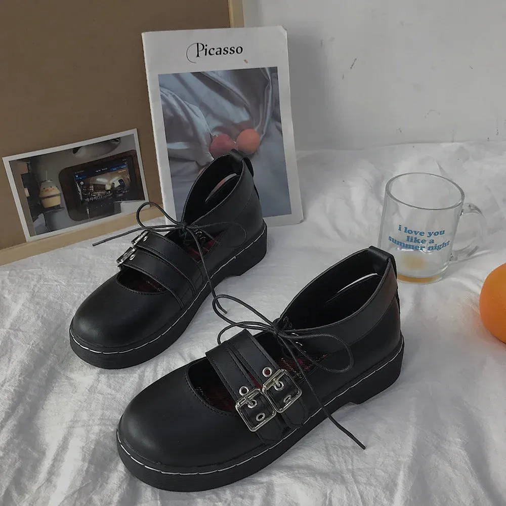 Hnzxzm Japanese Lolita Black Shoes Women New Mary Jane Jk Uniform Shoes Fashion Low Heel Kawaii Double Buckle Lacing Anime Shoes