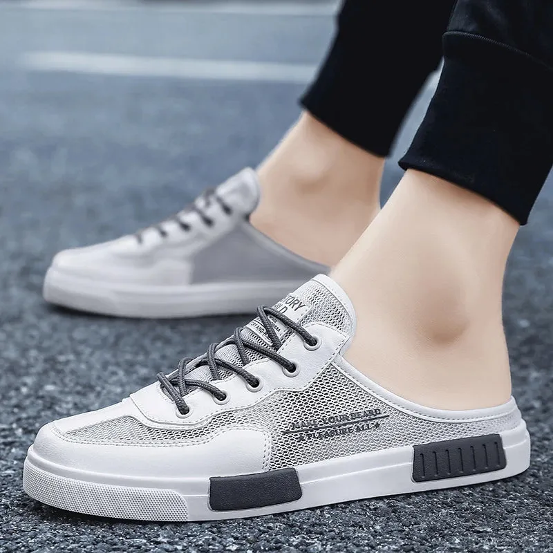 Hnzxzm Men's New Lace Up Hollow Breathable Outdoor Comfortable Flat Bottom Half Trailer Men's Shoes