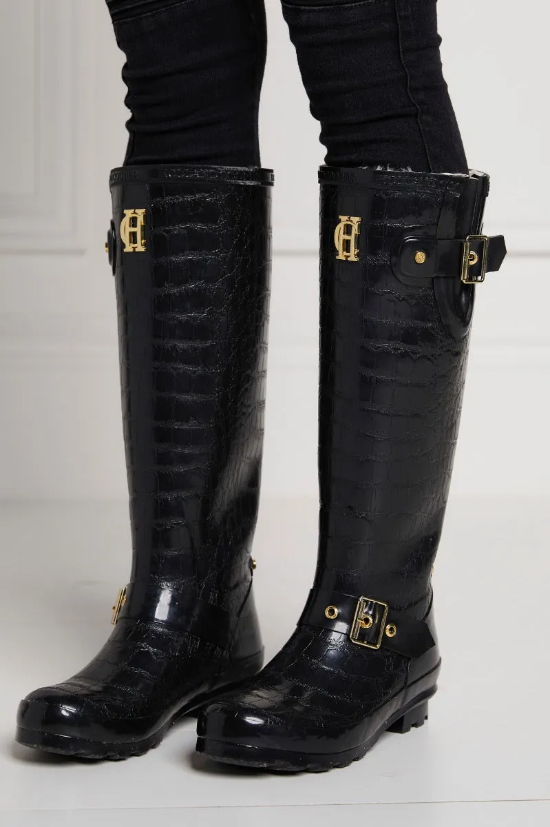 Holland Cooper Sherpa Lined Regency Wellington in Black Croc