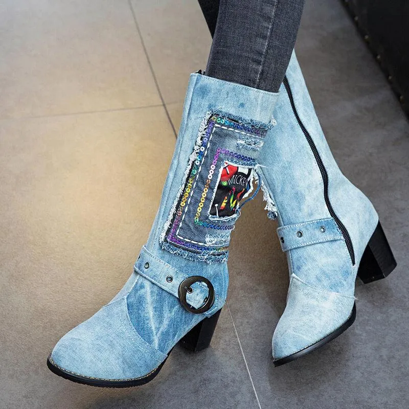 Jeans Stylish Chunky Low Heel Mid Calf Boots