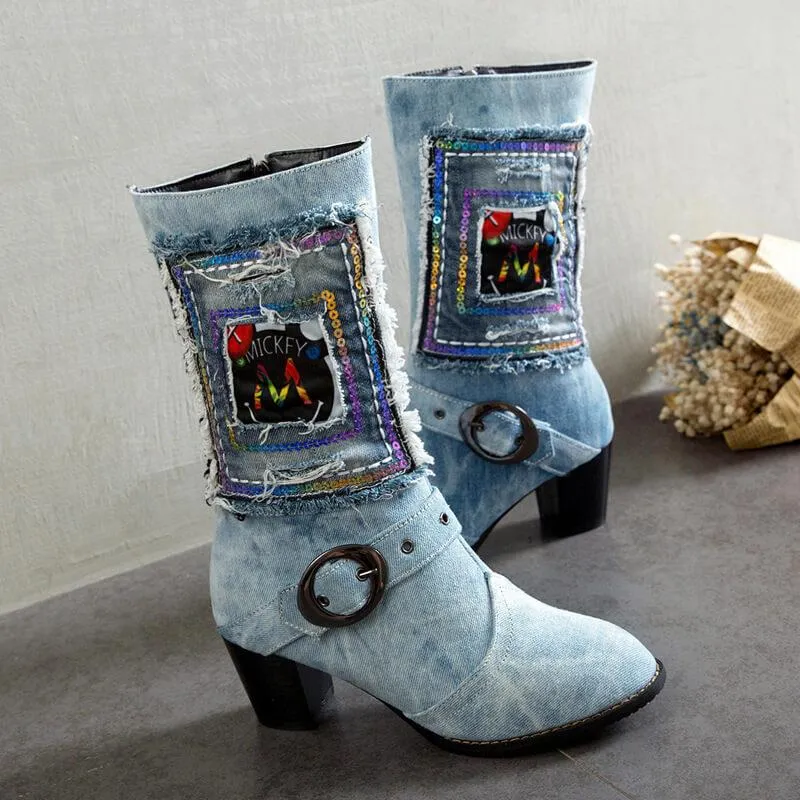 Jeans Stylish Chunky Low Heel Mid Calf Boots
