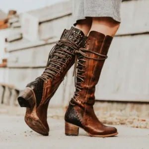 Lace Up Round Toe Block Heel Knee High Boots