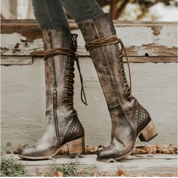 Lace Up Round Toe Block Heel Knee High Boots
