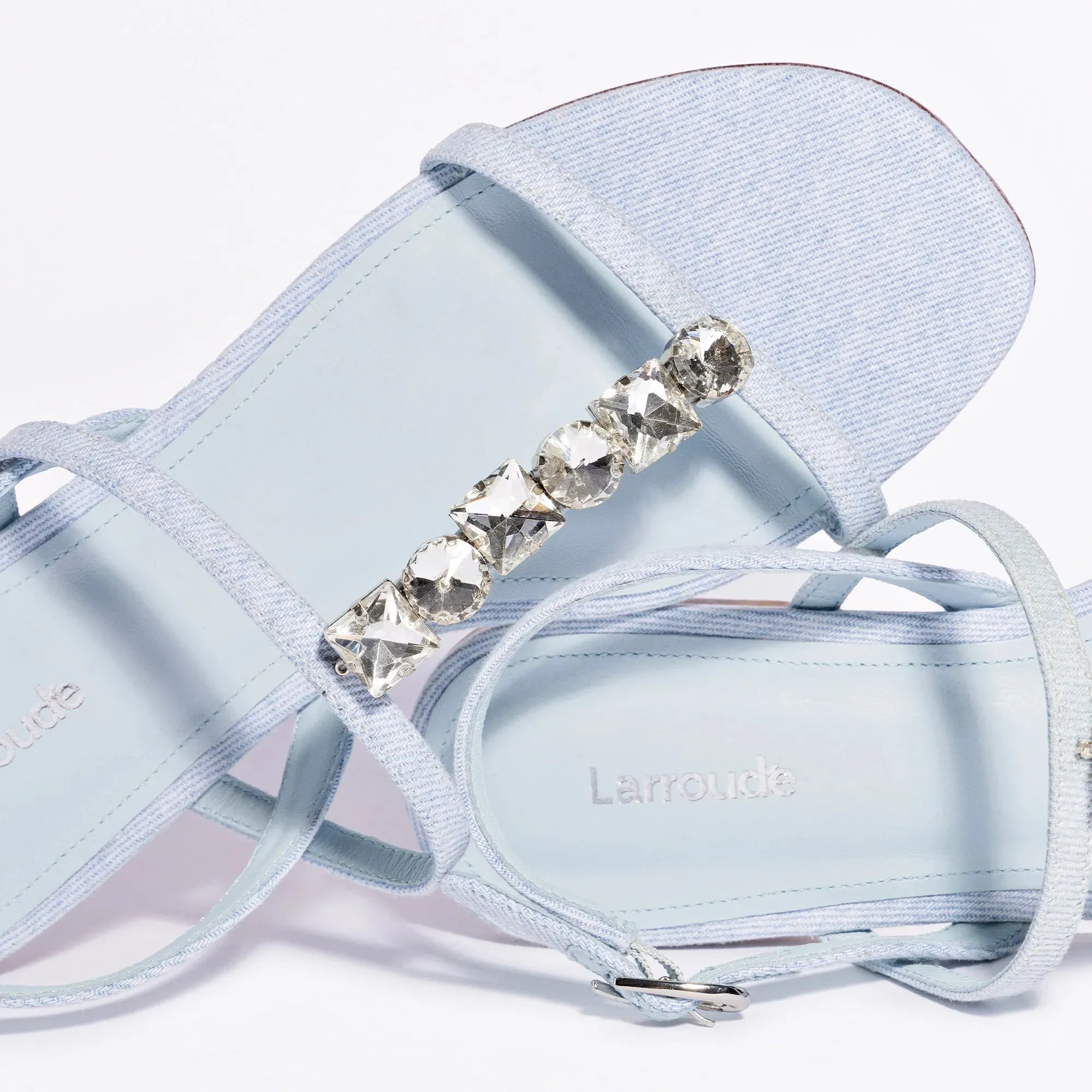LARROUDÉ Calypso Flat Sandal In Maya Denim and Crystals