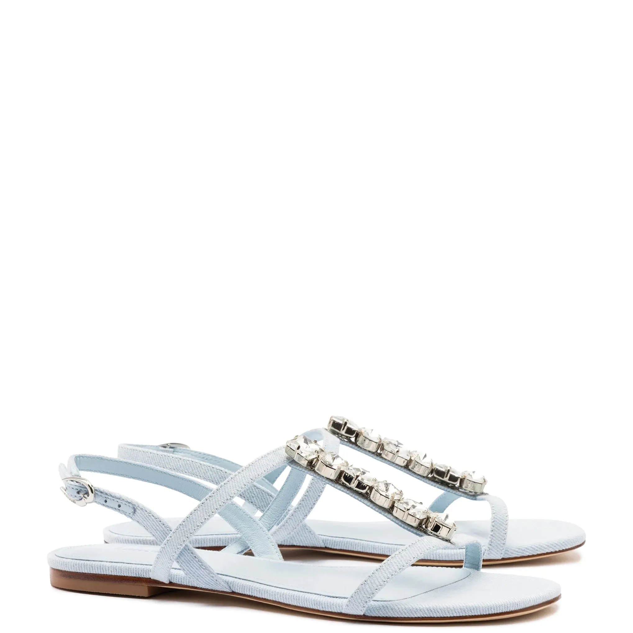 LARROUDÉ Calypso Flat Sandal In Maya Denim and Crystals