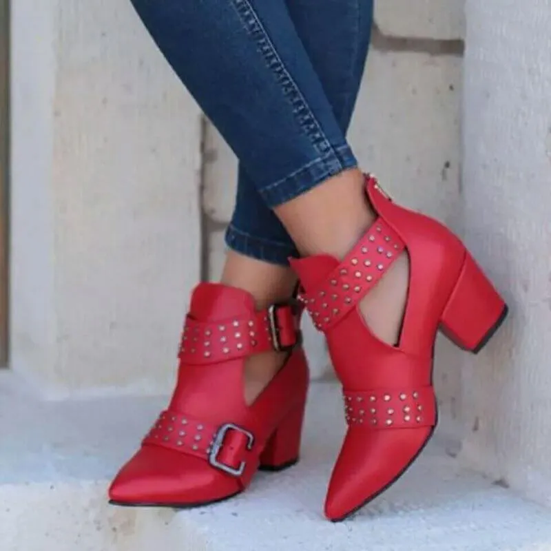 Leather Buckle Rivet Chunky Heel Ankle Boots