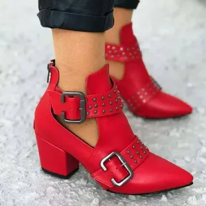 Leather Buckle Rivet Chunky Heel Ankle Boots