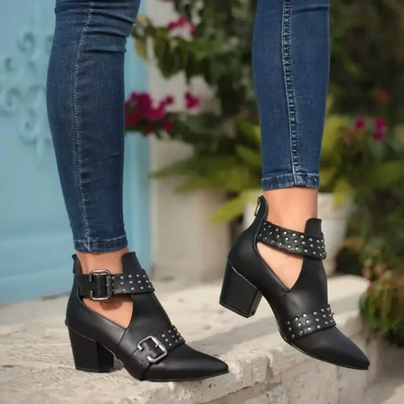 Leather Buckle Rivet Chunky Heel Ankle Boots