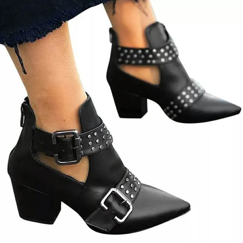Leather Buckle Rivet Chunky Heel Ankle Boots