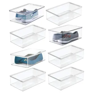 mDesign Stackable Plastic Closet Shelf Shoe Storage Organizer Box with Lid for Mens, Womens, Kids Sandals, Flats, Sneakers, 8 Pack - Clear
