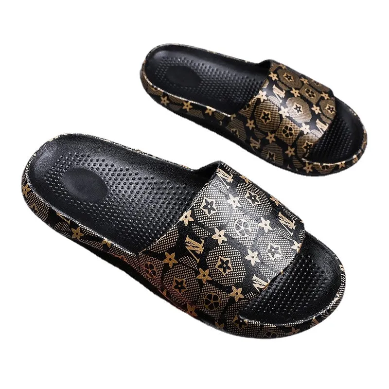 Men's summer coconut slippers gold edition trend outdoor word drag men's casual beach shoes plus size wear sandals and slippers.