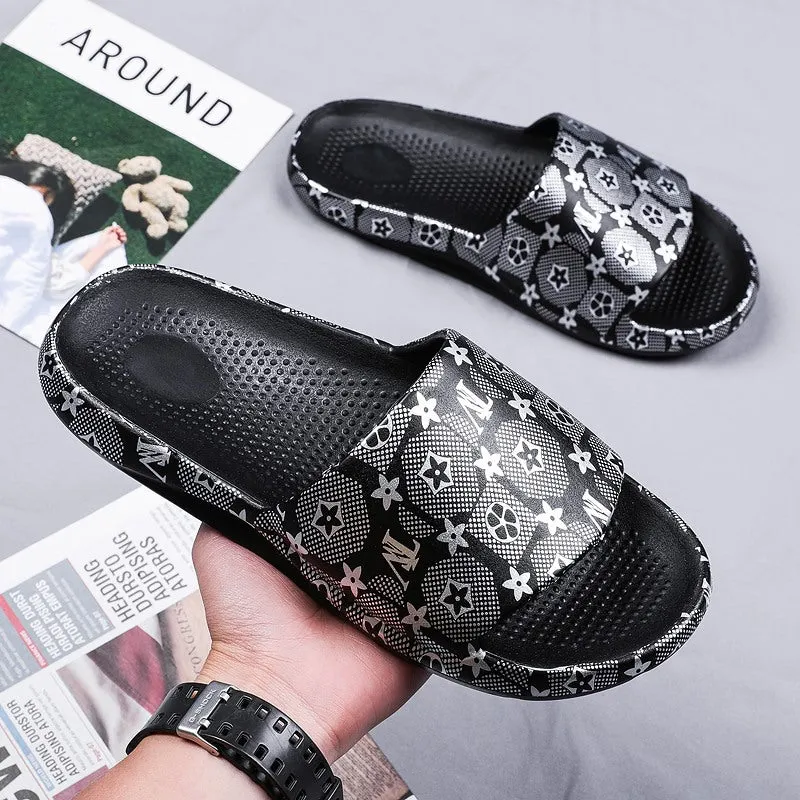 Men's summer coconut slippers gold edition trend outdoor word drag men's casual beach shoes plus size wear sandals and slippers.