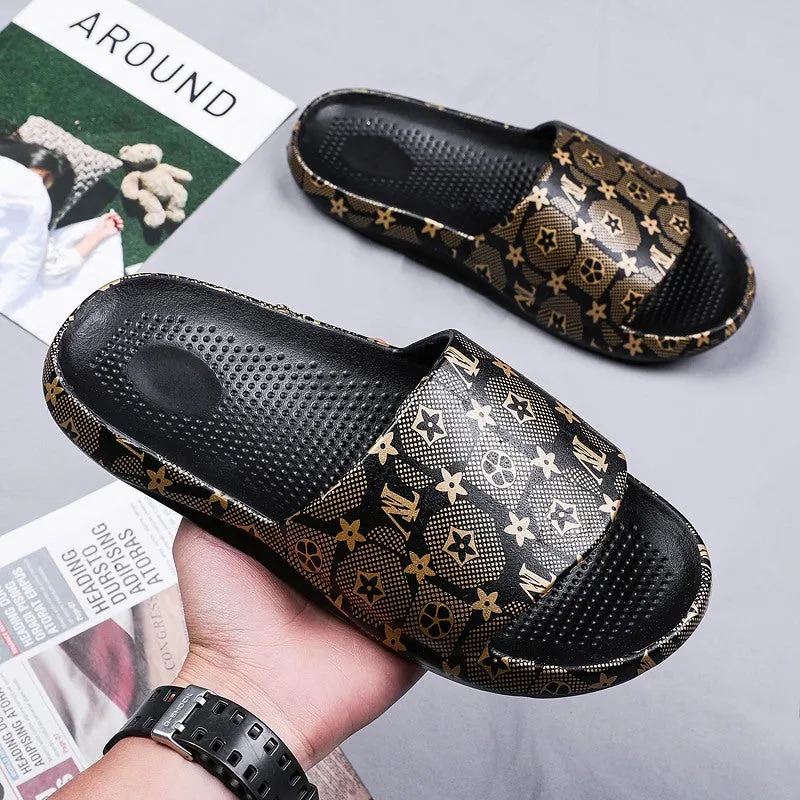 Men's summer coconut slippers gold edition trend outdoor word drag men's casual beach shoes plus size wear sandals and slippers.