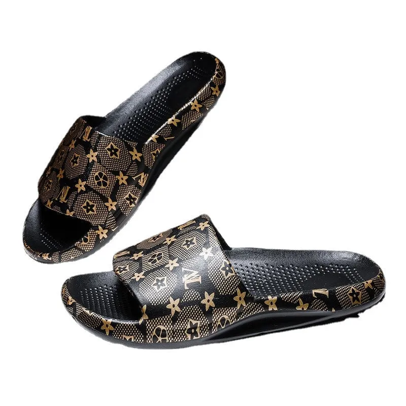 Men's summer coconut slippers gold edition trend outdoor word drag men's casual beach shoes plus size wear sandals and slippers.