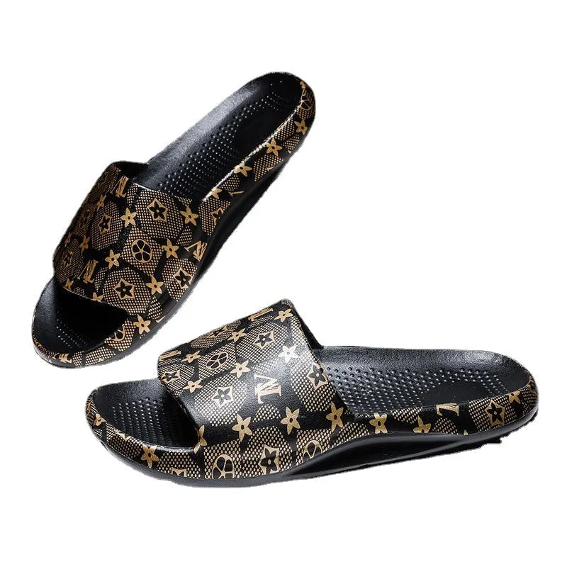 Men's summer coconut slippers gold edition trend outdoor word drag men's casual beach shoes plus size wear sandals and slippers.