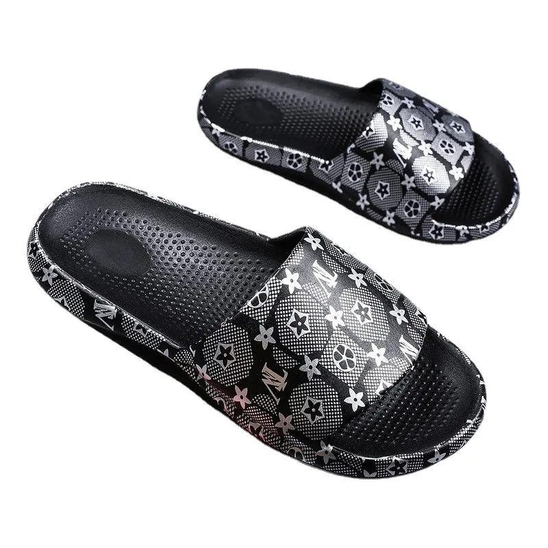Men's summer coconut slippers gold edition trend outdoor word drag men's casual beach shoes plus size wear sandals and slippers.