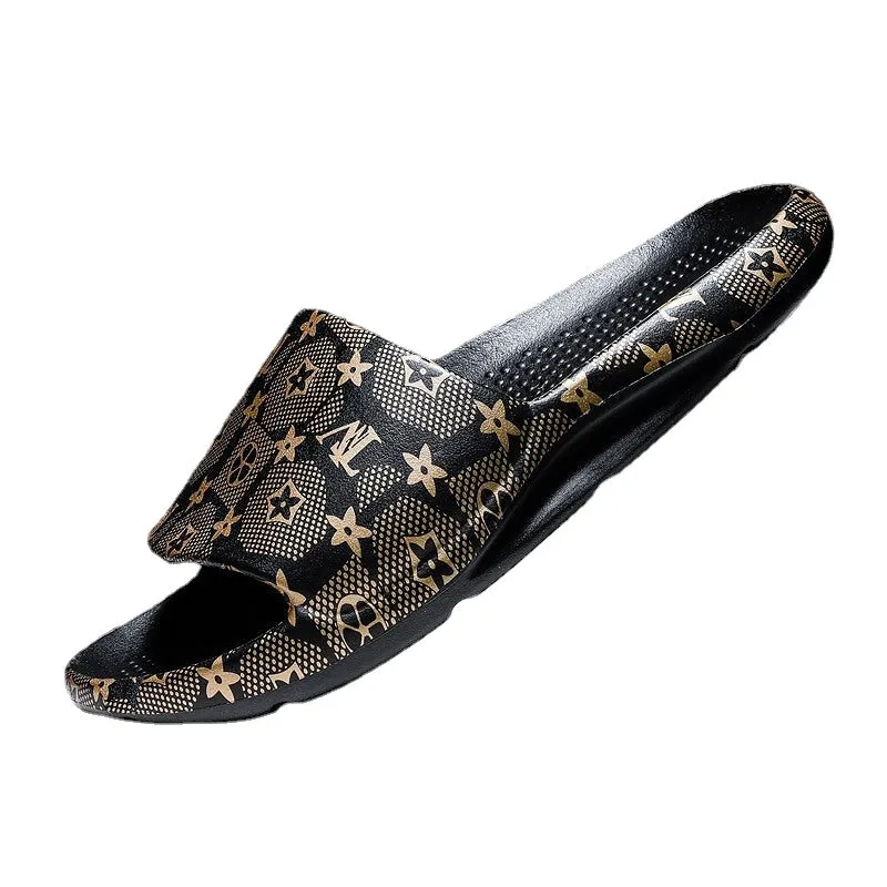 Men's summer coconut slippers gold edition trend outdoor word drag men's casual beach shoes plus size wear sandals and slippers.