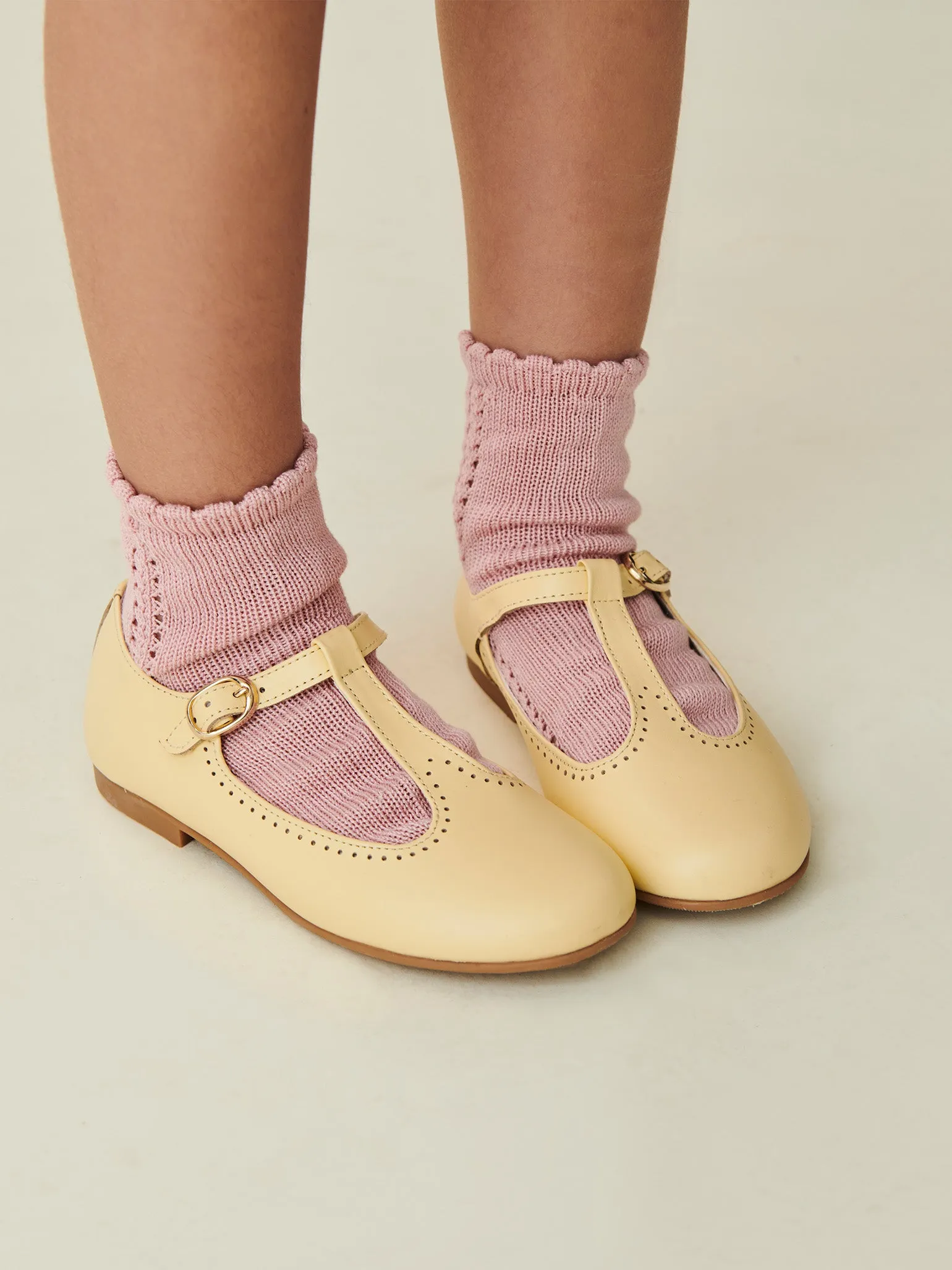 Pale Yellow Leather Girl T-Bar Shoes