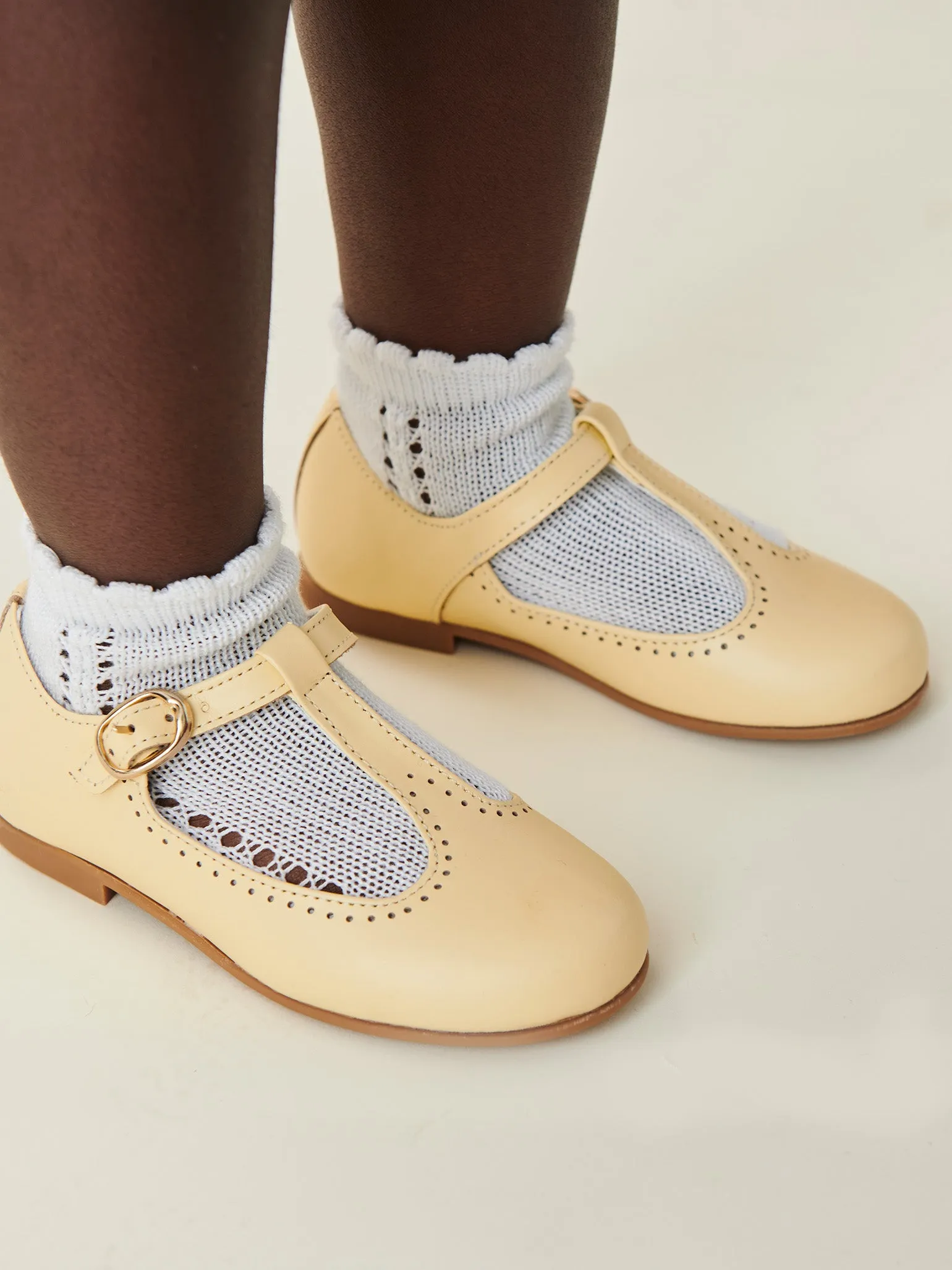 Pale Yellow Leather Girl T-Bar Shoes