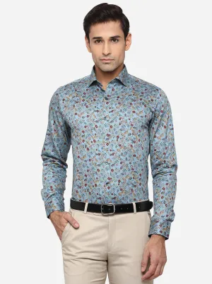 Pasific Blue Printed Slim Fit Party Wear Shirt | Wyre