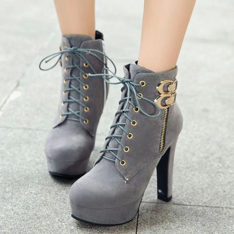Platform Zipper Suede Lace UP Ankle Boots