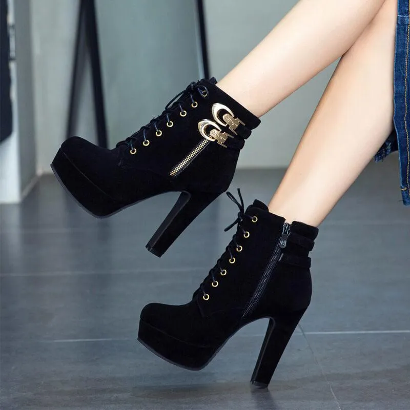 Platform Zipper Suede Lace UP Ankle Boots
