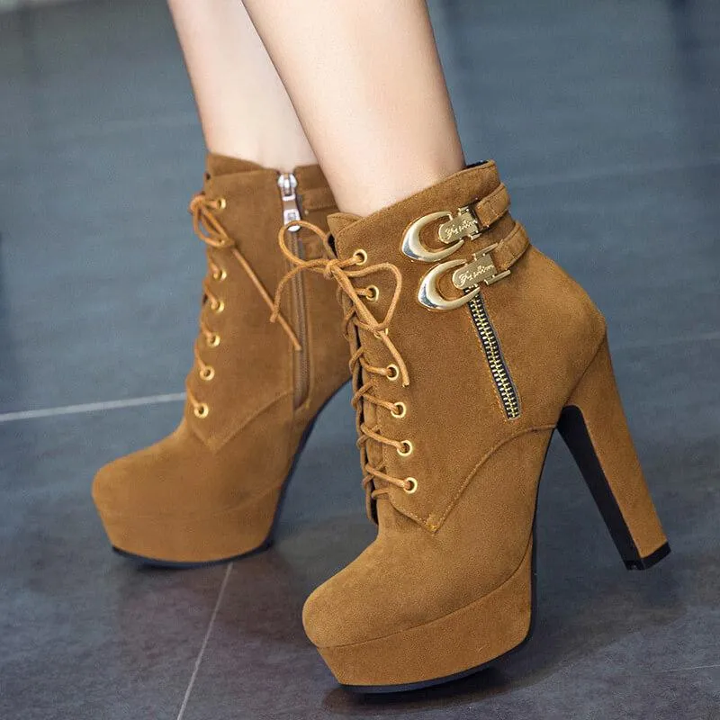 Platform Zipper Suede Lace UP Ankle Boots
