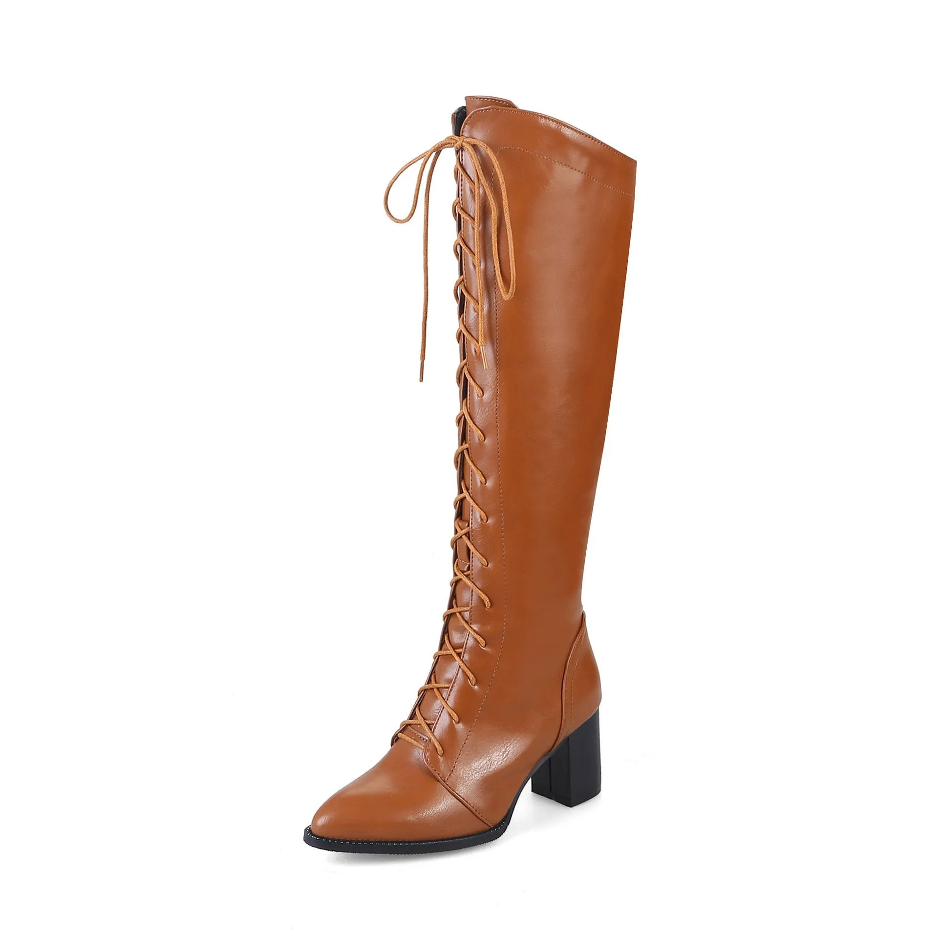Pointed toe lace-up block heel knee high boots for women