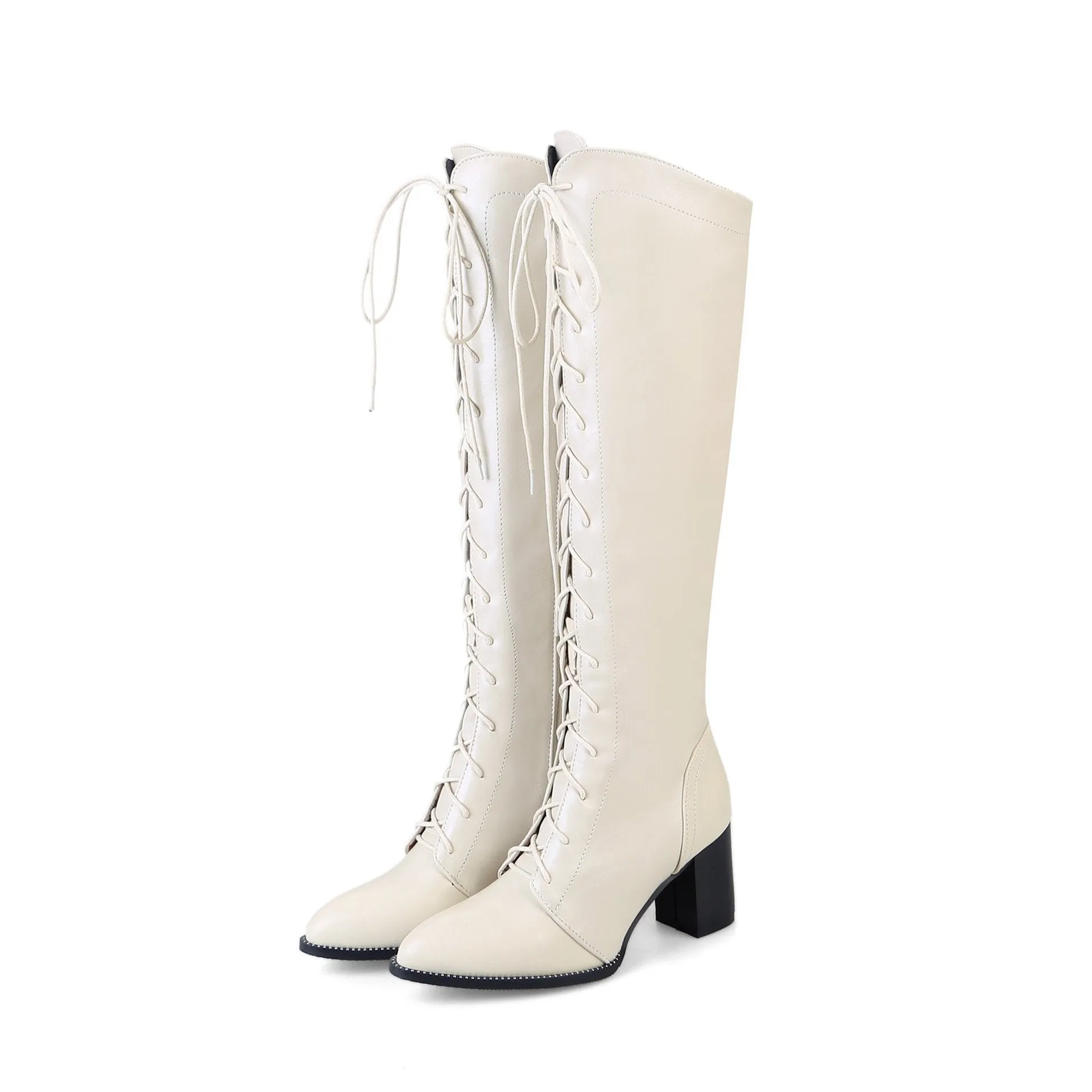 Pointed toe lace-up block heel knee high boots for women