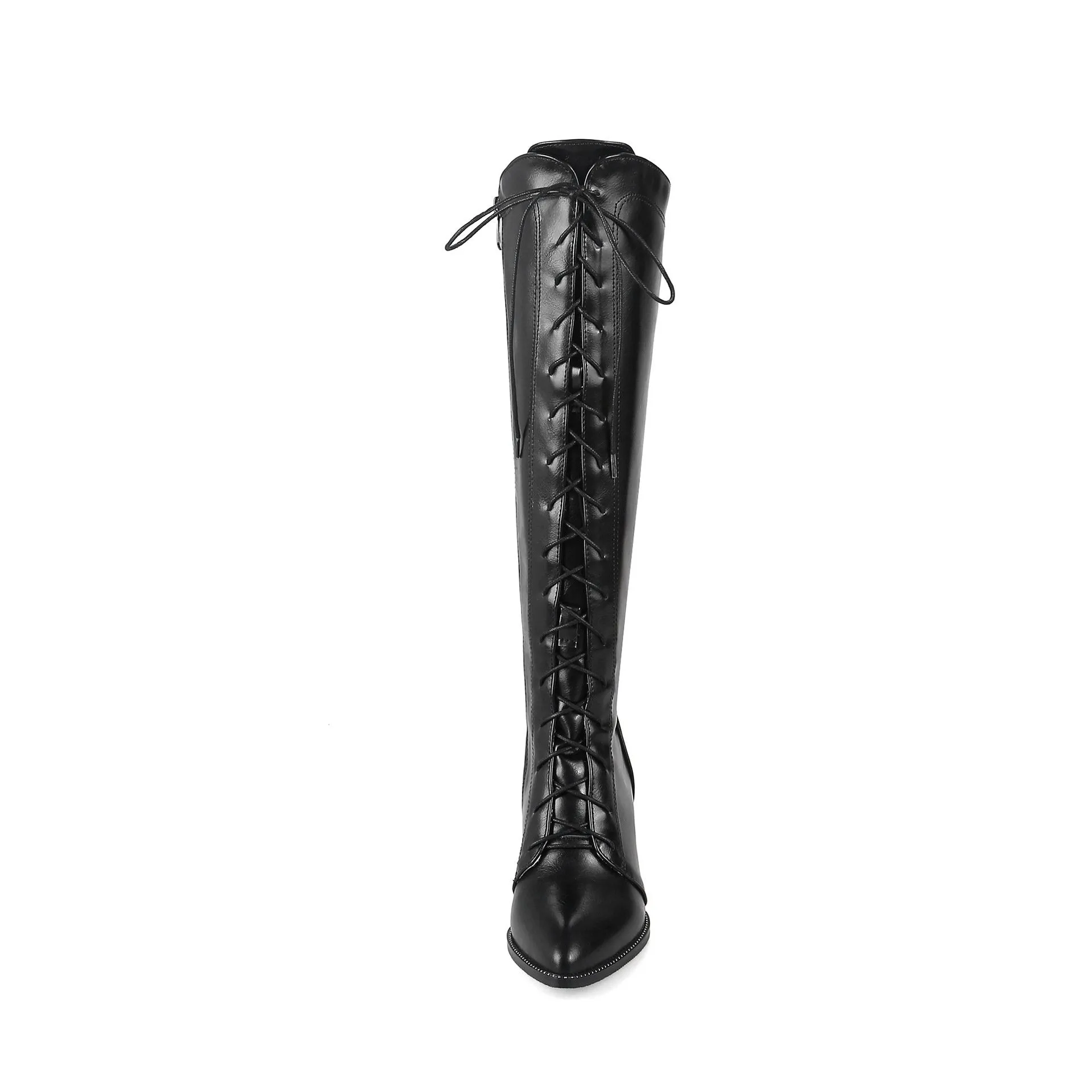 Pointed toe lace-up block heel knee high boots for women