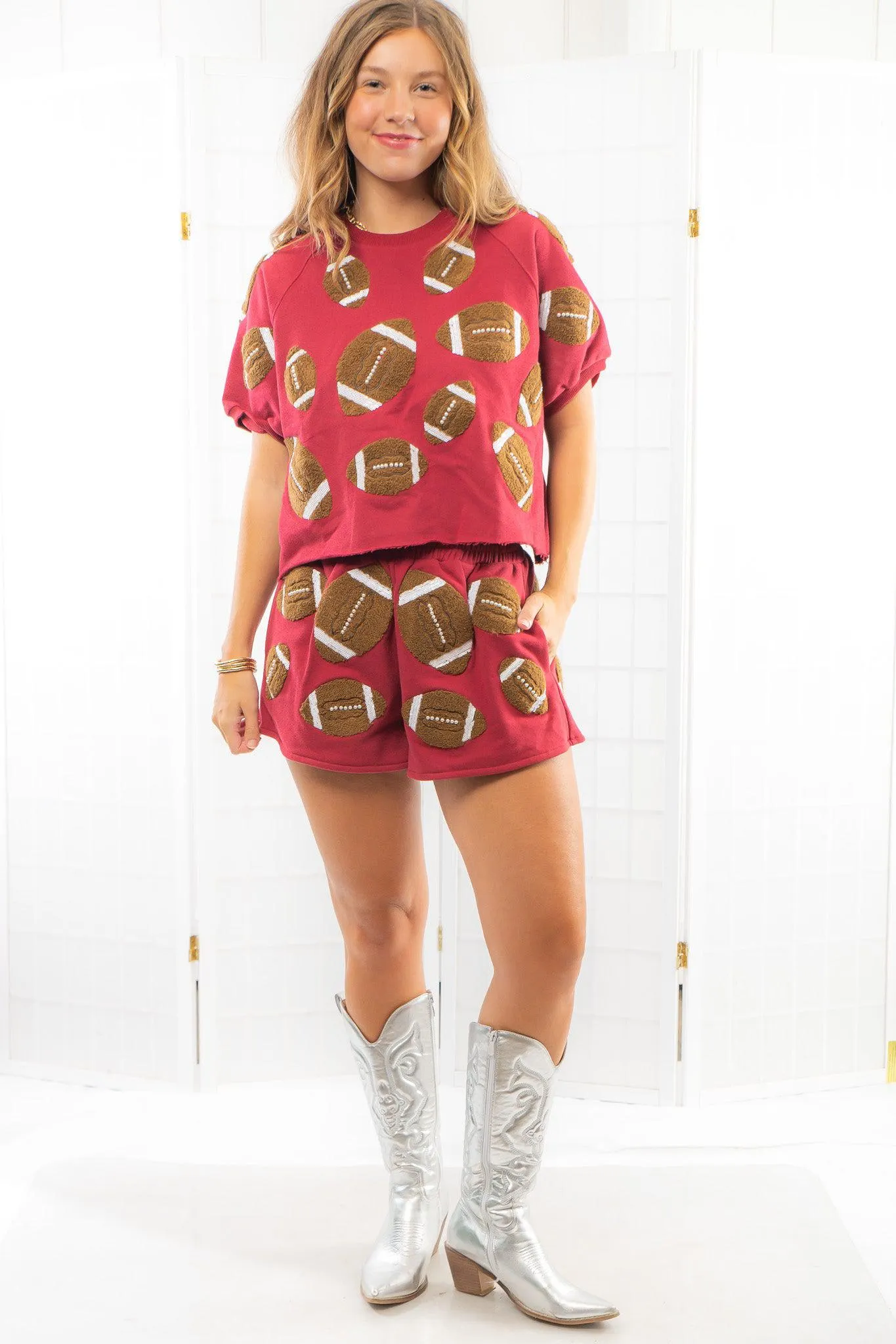 Queen of Sparkles Maroon Fuzzy Football Shorts