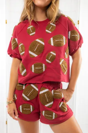 Queen of Sparkles Maroon Fuzzy Football Top