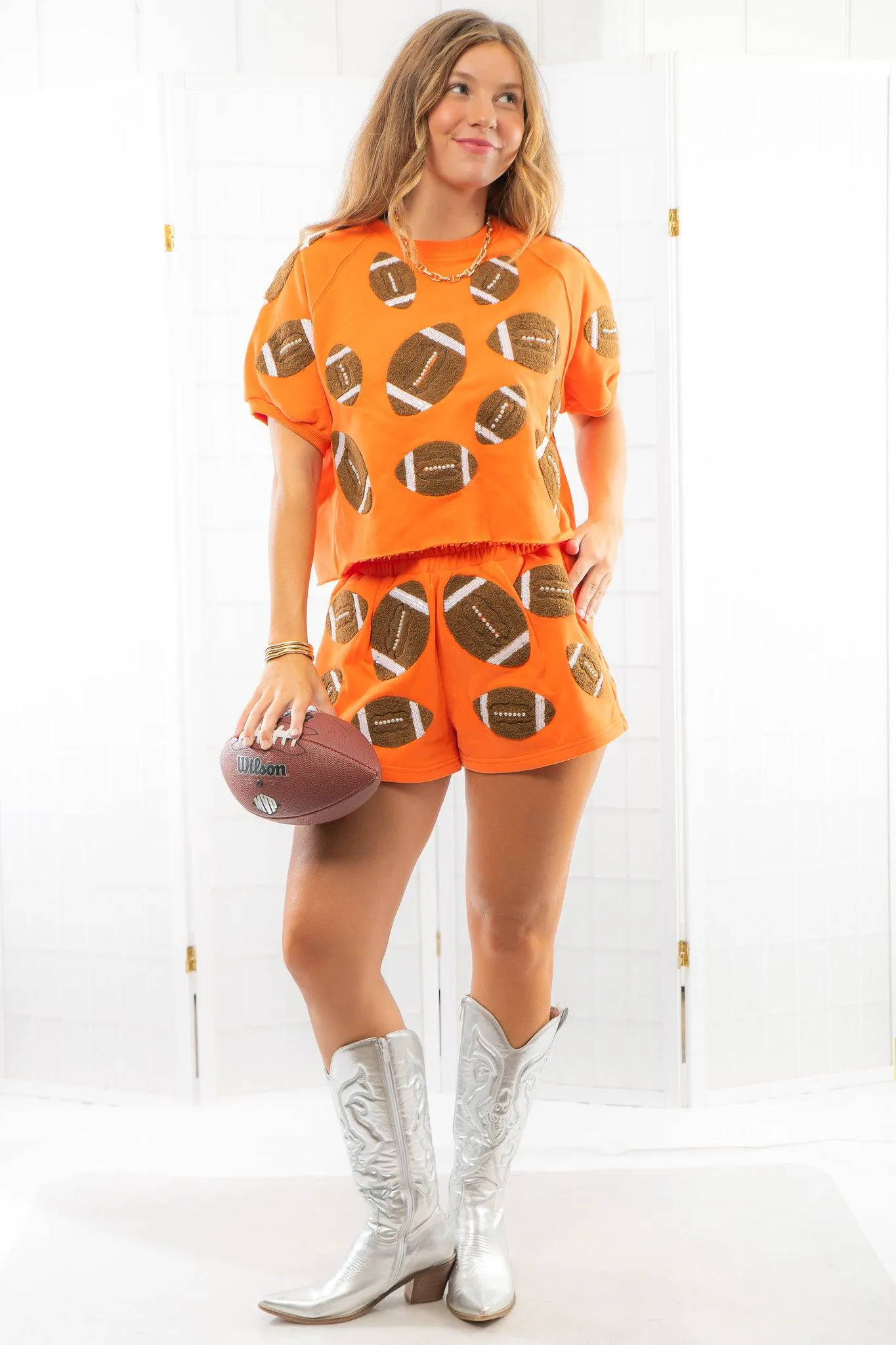 Queen of Sparkles Orange Fuzzy Football Shorts
