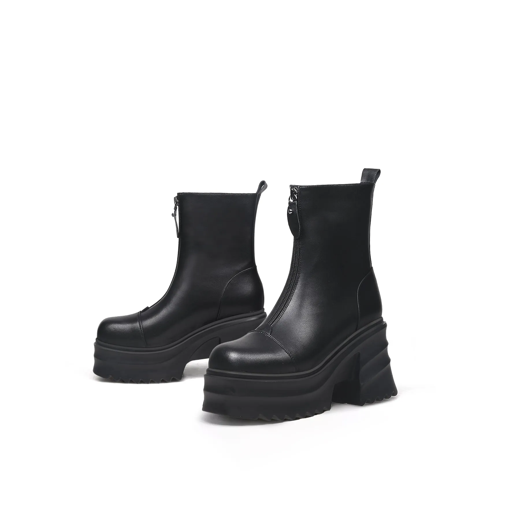 Side Zip Black Leather Platform Ankle Boots