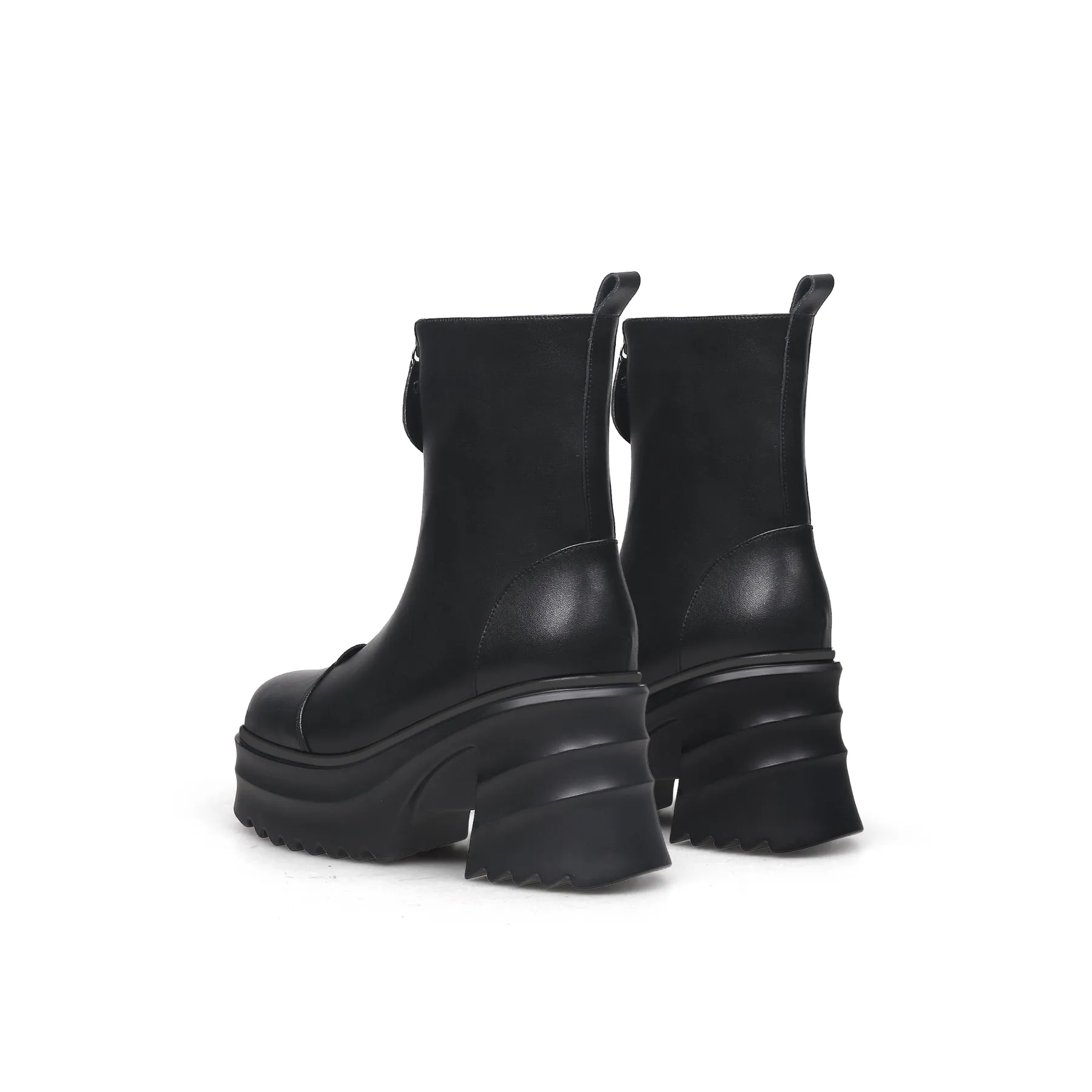 Side Zip Black Leather Platform Ankle Boots
