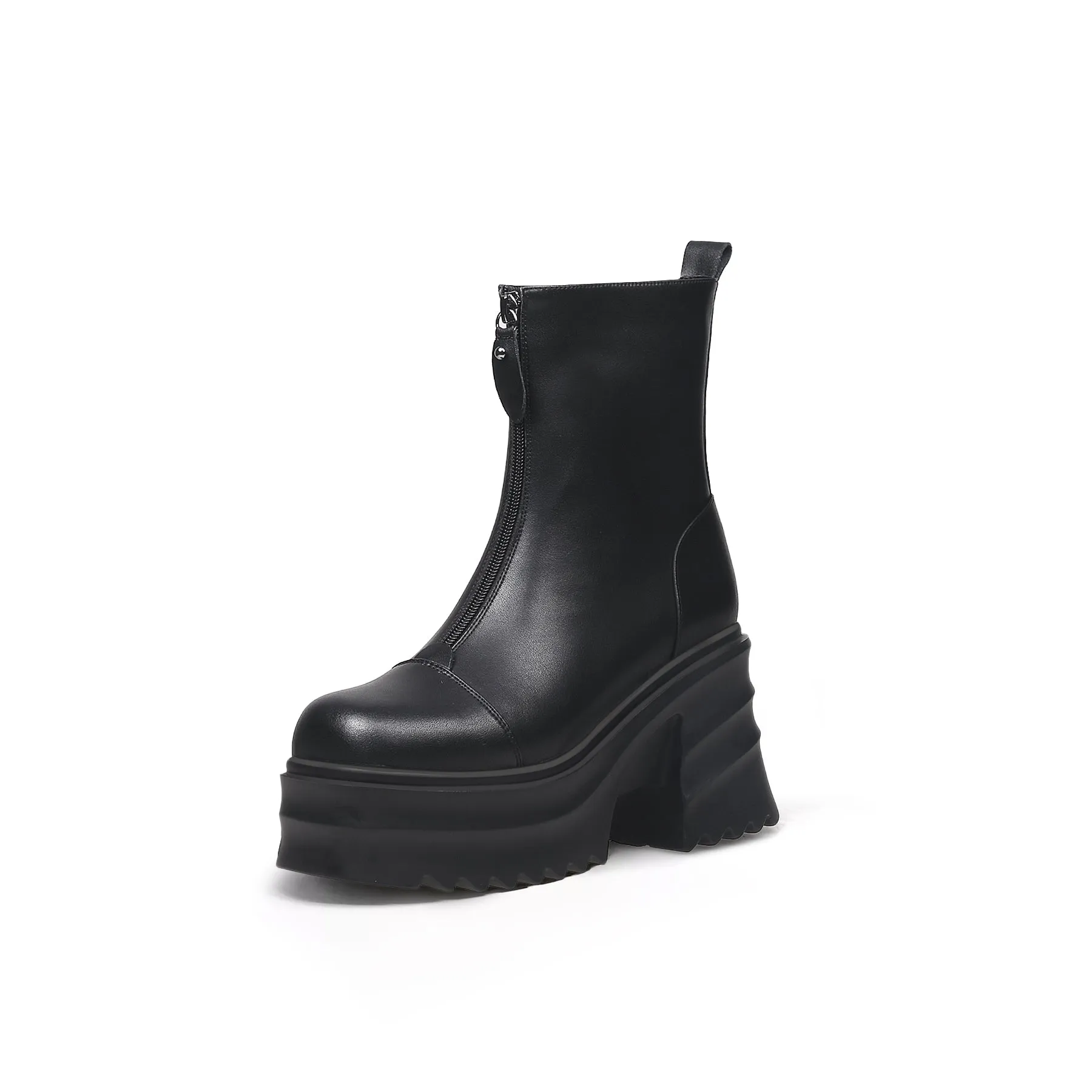 Side Zip Black Leather Platform Ankle Boots